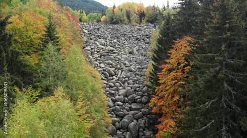 Drone footage from Golden bridges, a big rocks located in Vitosha mountain. Autumn season and awesome nature colours. Smooth aerial clips