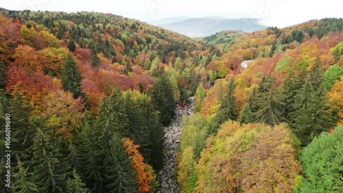 Drone footage from Golden bridges, a big rocks located in Vitosha mountain. Autumn season and awesome nature colours. Smooth aerial clips