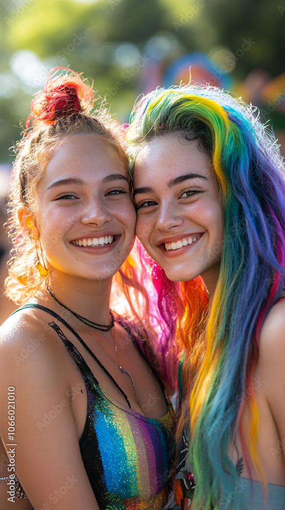Fototapeta premium Two friends eagerly join in the pride event festivities, ready to celebrate