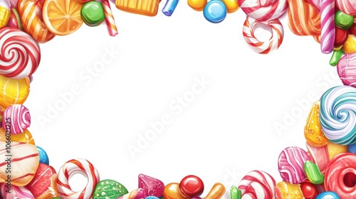 Vibrant candy border featuring an array of colorful sweets, ideal for festive designs or playful invitations, blank center for customization