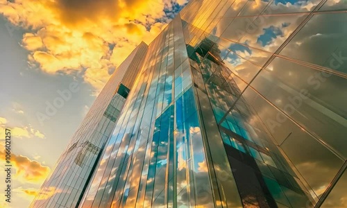 Wallpaper Mural Skyscraper reflecting sunset background. 3d abstract architecture design of modern contemporary luxury building converging glass and steel. Perspective view landscape. Hi-tech sustainable architect Torontodigital.ca
