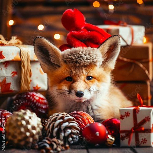 Red fox in a New Year's cap on the background of presents photo