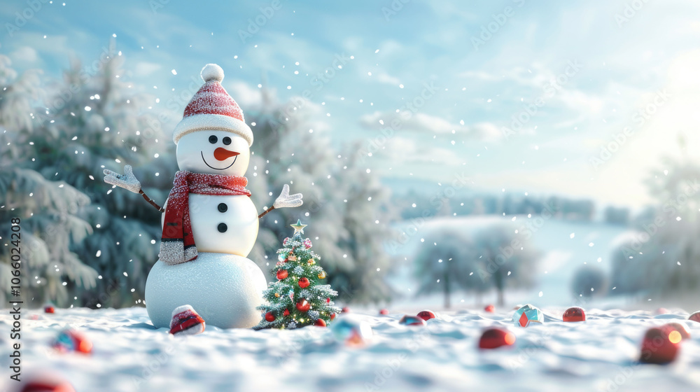 Obraz premium Snowman with red scarf and hat standing in snowy field with small cottage and pine trees in background under soft winter sunlight