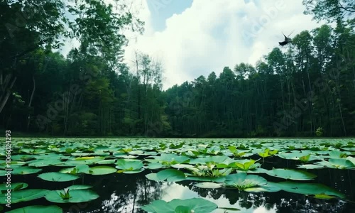 A quiet lake in the heart of a dense forest, with lily pads floating on the surface and reeds swaying in the breeze