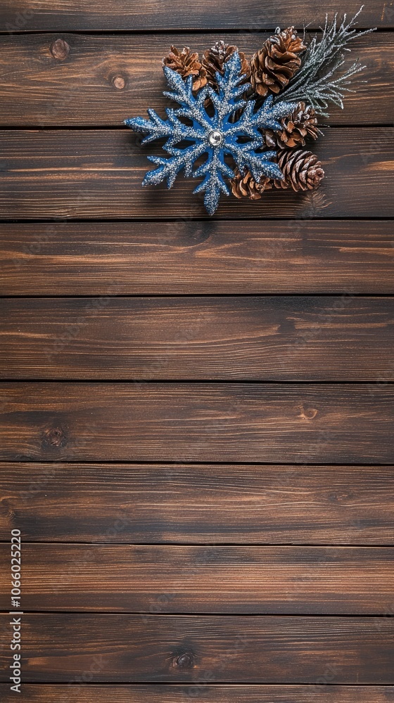 Fototapeta premium The aqua blue snowflake and silver star create a charming holiday decoration against a rustic wooden backdrop