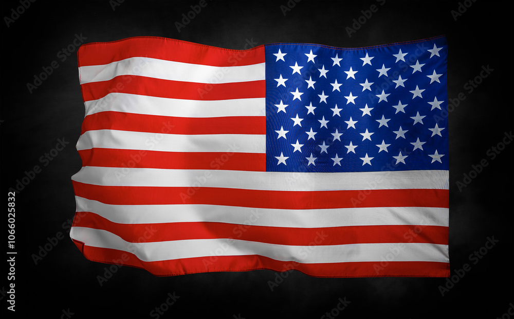 Flag of the United States of America. The US flag flutters in the wind. On a black background.