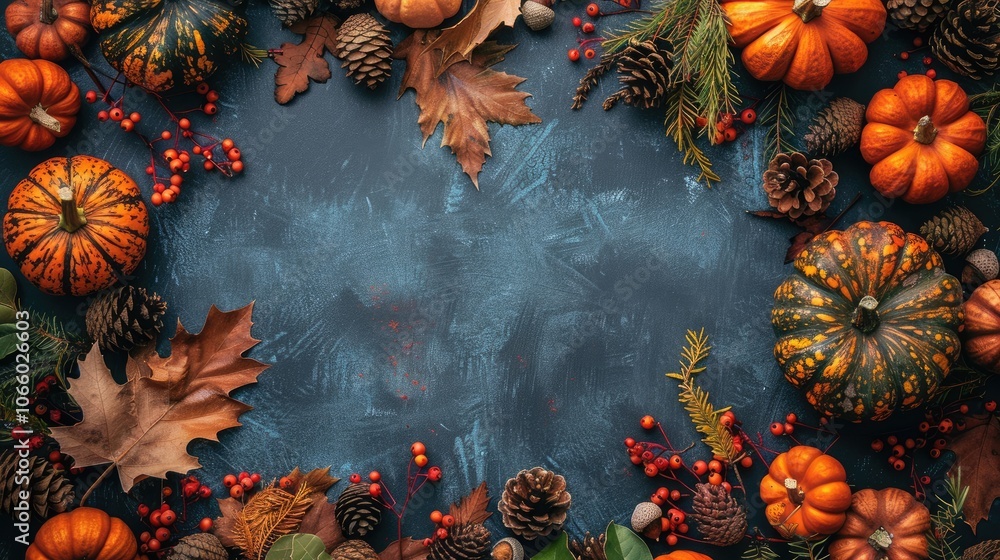 Φωτογραφία Top view of autumn-themed holiday frame with pumpkins, dried foliage, berries, pinecones, and acorns