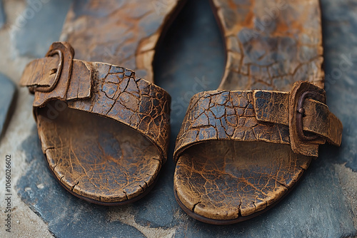 ancient Roman sandals with a worn, leather texture. photo