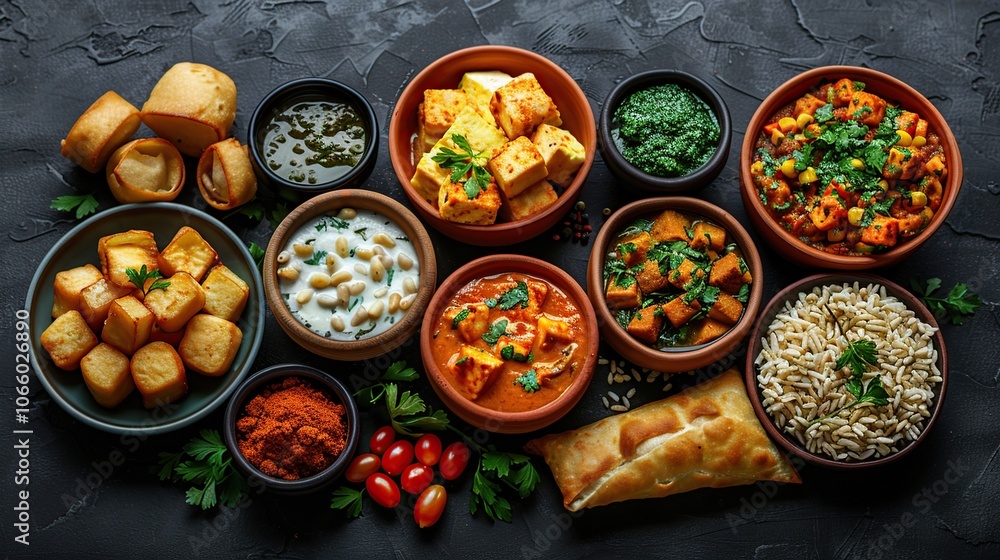 A variety of traditional Indian dishes, including paneer, curry, rice, and naan bread, are arranged on a black background. A variety of traditional Indian dishes, including paneer, curry, rice, and naan bread, are arranged on a black background.