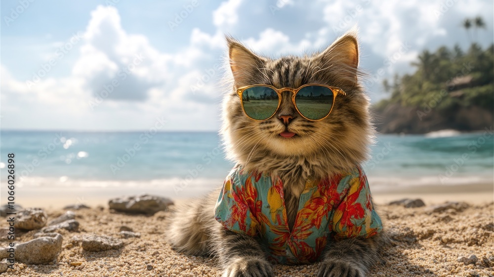 Obraz premium Cool cat wearing sunglasses and Hawaiian shirt lying on a beach.