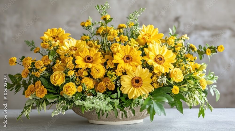 Fototapeta premium A cheerful arrangement of bright yellow flowers, creating a stunning visual display that brightens any setting with its lively energy.