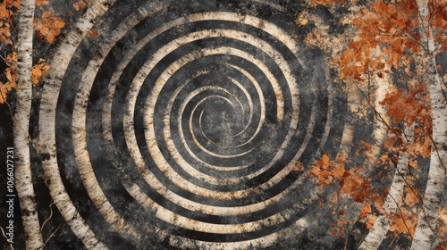 Abstract Spiral Pattern with Birch Bark and Autumn Leaves photo