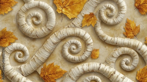 White Spirals and Autumn Leaves on a Tan Background photo