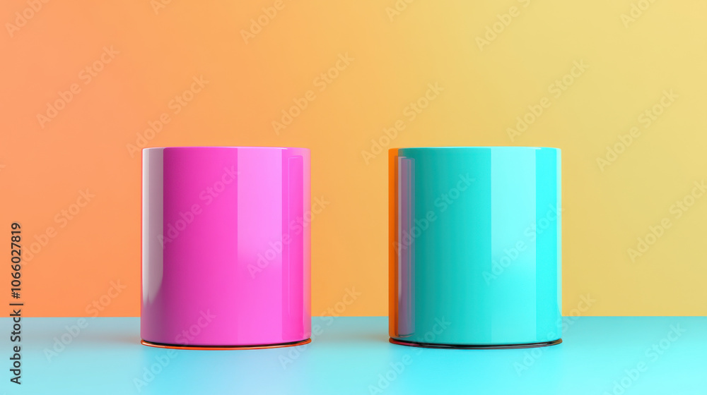 Product display and ads, Vivid pink and turquoise glossy cylinders against gradient background create vibrant and modern aesthetic. Perfect for product display or artistic projects Product display and ads, Vivid pink and turquoise glossy cylinders against gradient background create vibrant and modern aesthetic. Perfect for product display or artistic projects