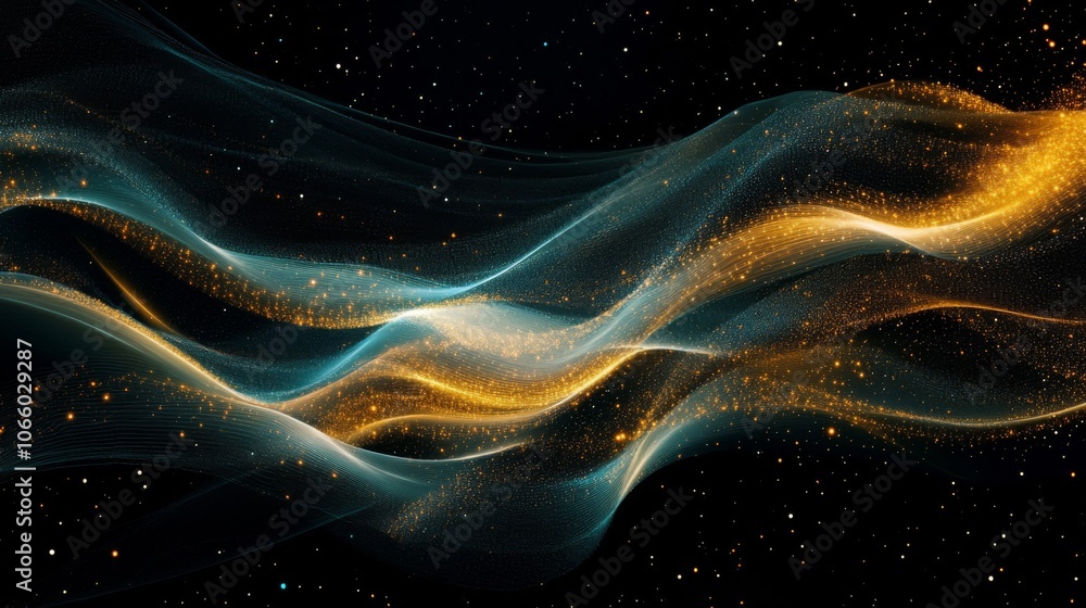 Obraz premium Abstract Wavy Pattern with Glittering Dust and Stars on Black Background