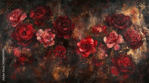 An Oil Painting Depicting a Lush Arrangement of Crimson and Burgundy Roses Set Against a Dark and Textured Background