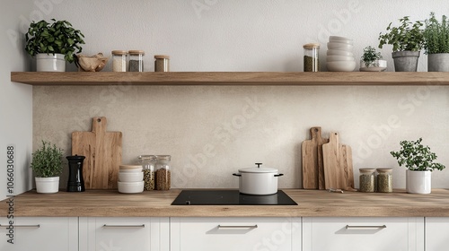 Wallpaper Mural Clean and minimalist kitchen featuring a light wooden counter, white cabinetry. Torontodigital.ca