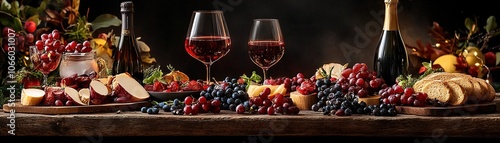 Delight in a lavish wine and cheese spread featuring fresh fruits and breads for your next gathering