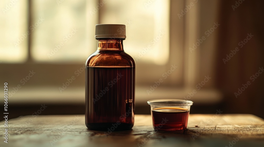 A small bottle filled with a dark red liquid stands next to a cup containing the same vibrant color, both placed on a rustic wooden table that adds warmth to the setting. A small bottle filled with a dark red liquid stands next to a cup containing the same vibrant color, both placed on a rustic wooden table that adds warmth to the setting.