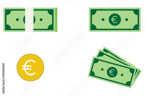 Collection of Euro currency illustrations in various forms, money signs, vector illustration, yellow Euro coin, Euro, white background.
