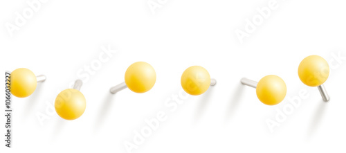 Set of yellow push pins. Thumbtacks ready for your design. Different angle view. Vector illustration isolated on white background