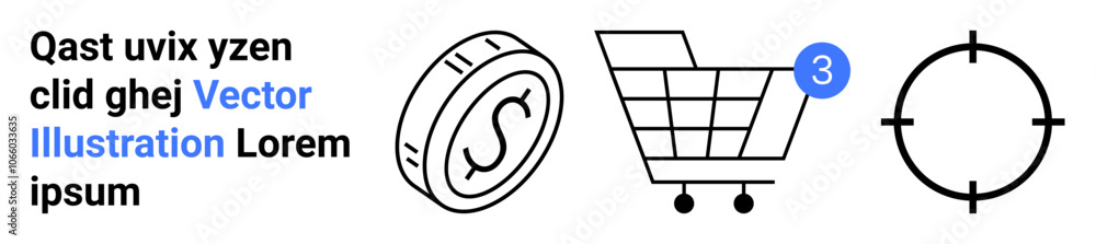 Shopping cart with notification badge, coin with dollar symbol, and target icon. Ideal for e-commerce, shopping, finance, budgeting, marketing, goals, sales. Landing page Shopping cart with notification badge, coin with dollar symbol, and target icon. Ideal for e-commerce, shopping, finance, budgeting, marketing, goals, sales. Landing page