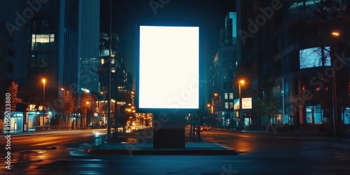 A dark city street lit by nightlights, featuring a large digital sign with an unreadable message. photo