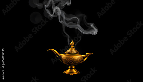 Image of magical mysterious aladdin lamp with smoke over black background. Lamp of wishes isolated with white highlights, png photo