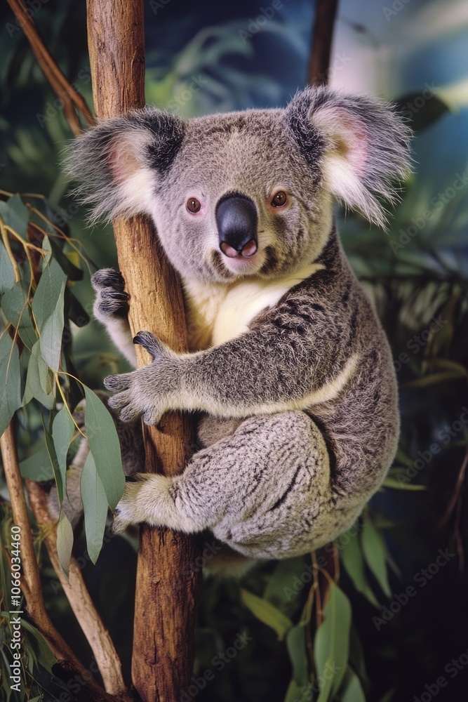 Fototapeta premium Koala is sitting on a tree branch. The tree is green and the koala is looking at the camera