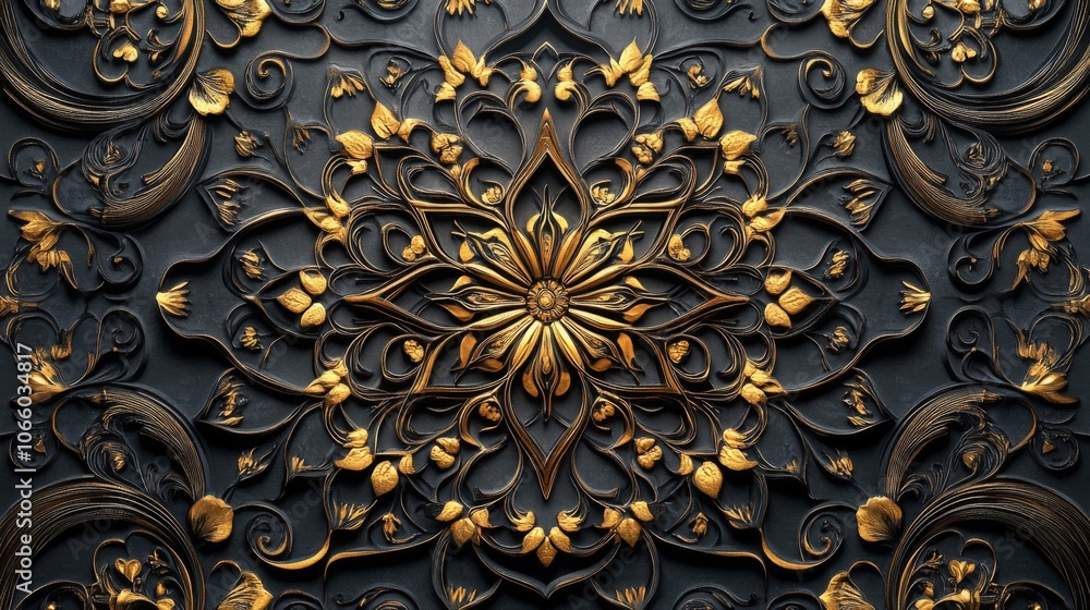 Naklejka premium Intricate Gold Floral Design on a Dark Background