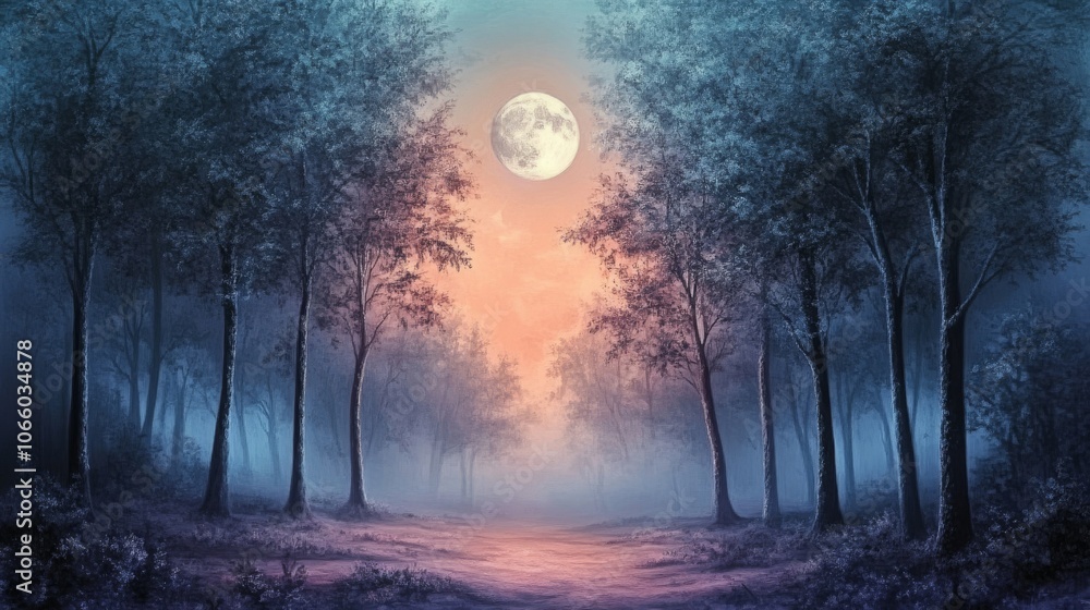 Fototapeta premium Moonlit Forest Path: Mystical Night Scene Painting