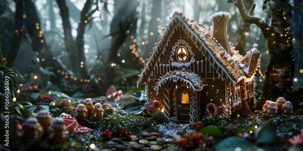 Obraz premium A whimsical Christmas scene with a gingerbread house nestled in the middle of a forest, adorned with festive decorations.
