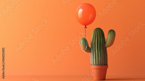 Cactus holding a balloon on a solid desert orange background with copy space