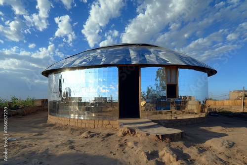 Ethiopian Tukul Roundhouse with Mirrored Stainless Steel Cladding for Reflective Beauty photo