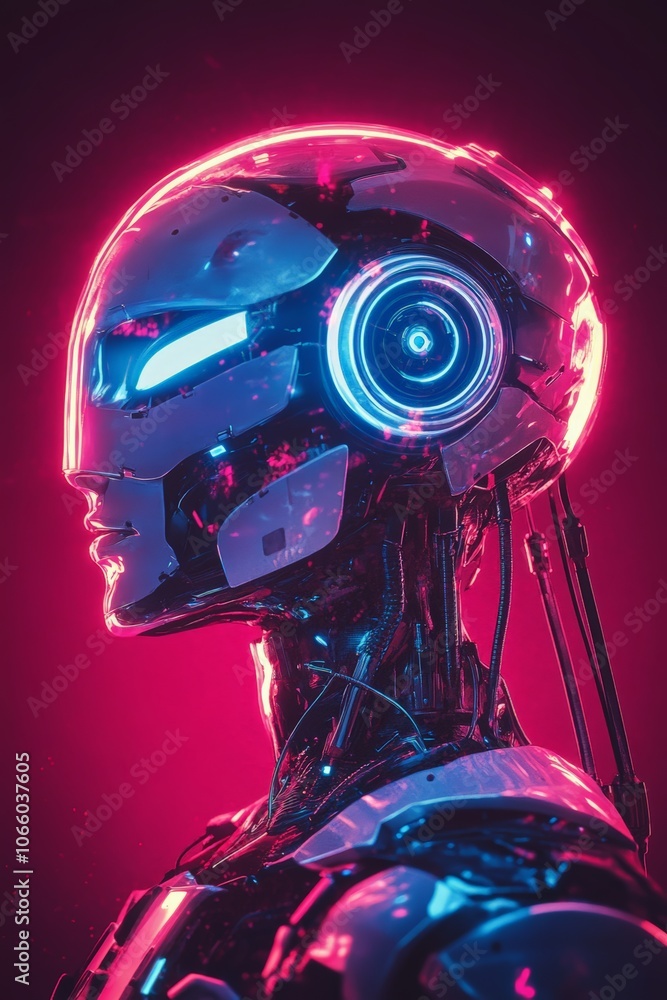 Fototapeta premium Futuristic robot with neon lights and advanced technology in a vibrant, cyberpunk-inspired environment