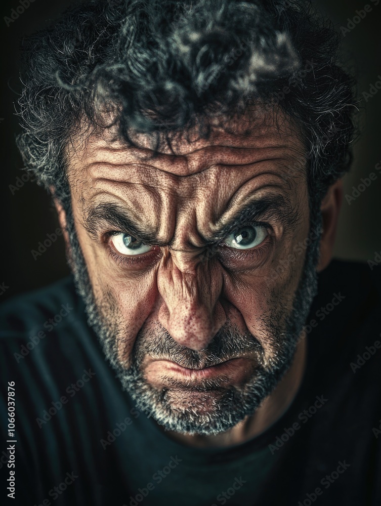 Man with beard and mustache showing anger, intense facial expression, frowning, squinting eyes Man with beard and mustache showing anger, intense facial expression, frowning, squinting eyes