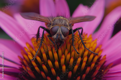 Robber Fly with Spiky Legs Ambushing Prey from a Coneflower Center – Predatory Insect Behavior photo