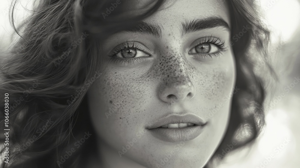 Fototapeta premium A young woman with freckles, wearing makeup, looking at the camera.