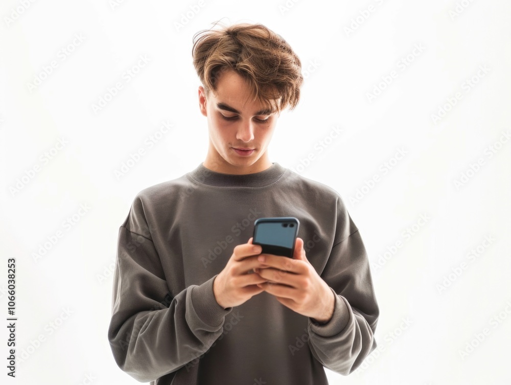 A young boy looking at a phone. He appears to be texting or browsing. A young boy looking at a phone. He appears to be texting or browsing.