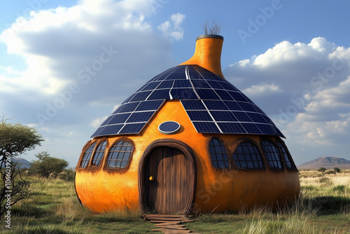 Zulu Beehive Hut Featuring Photovoltaic Solar Panel Skin for Sustainable Energy Use photo