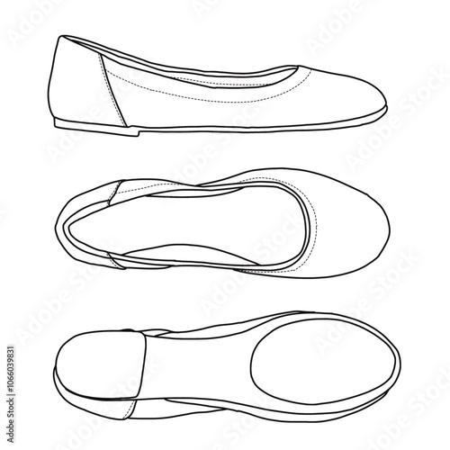 Women's Ballet Flat shoes Line art, Technical sketch hand drawing outline vector doodle illustration side, top and bottom view isolated on white background
