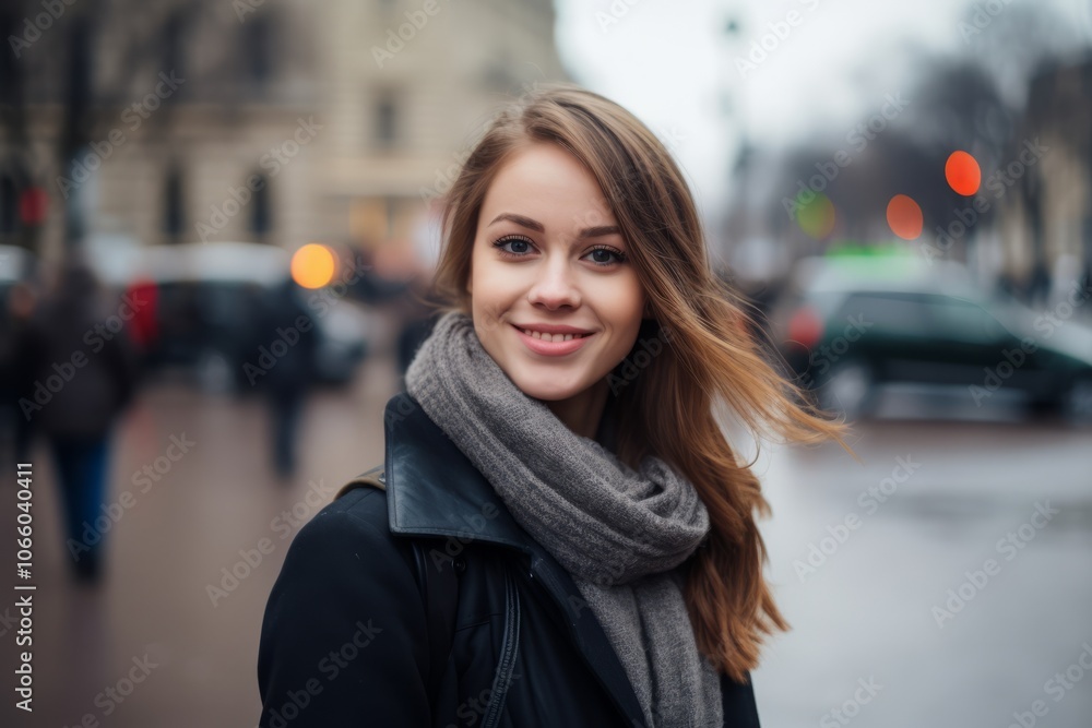 Portrait of a beautiful young woman with long brown hair on a city street. Portrait of a beautiful young woman with long brown hair on a city street.