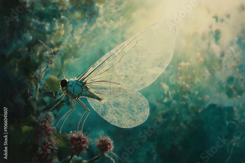 Lacewing with Gossamer Wings Flitting Through Dappled Sunlight – Graceful Insect Moment photo