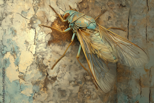 Cicada with Translucent Wings Gripping Rough Tree Bark - Natural Habitat Close-Up photo