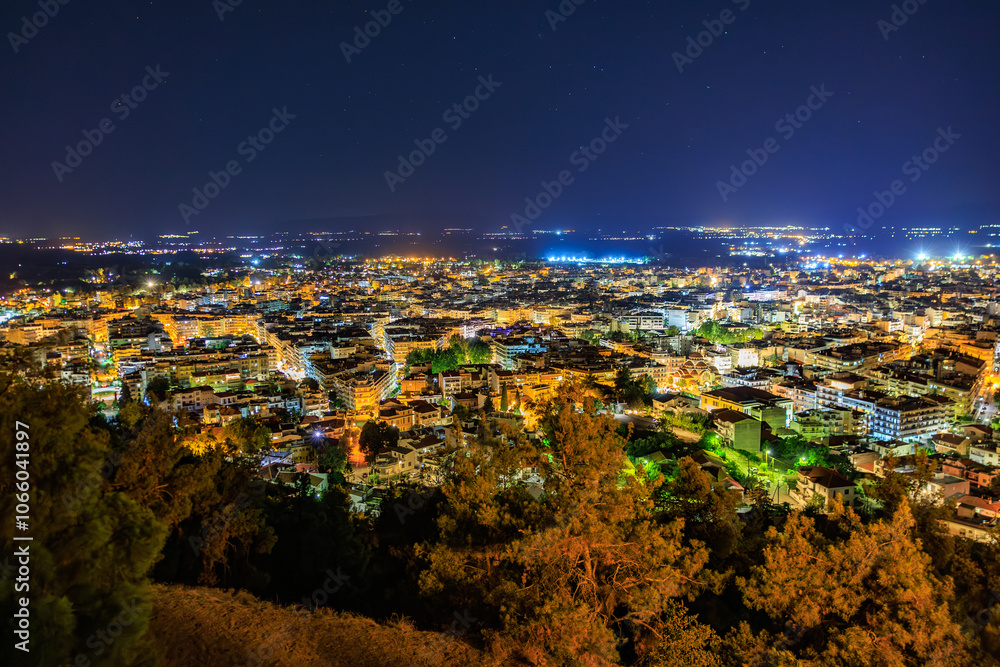 Fototapeta premium A city at night with lights on the buildings and trees