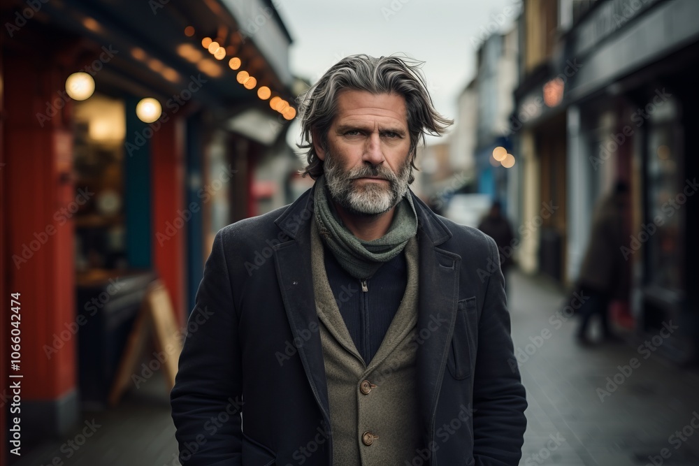Handsome middle aged man with gray hair and beard wearing a coat and scarf standing on a street in London Handsome middle aged man with gray hair and beard wearing a coat and scarf standing on a street in London
