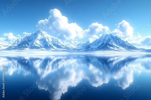 A serene landscape featuring snow-capped mountains reflecting on a tranquil blue lake.