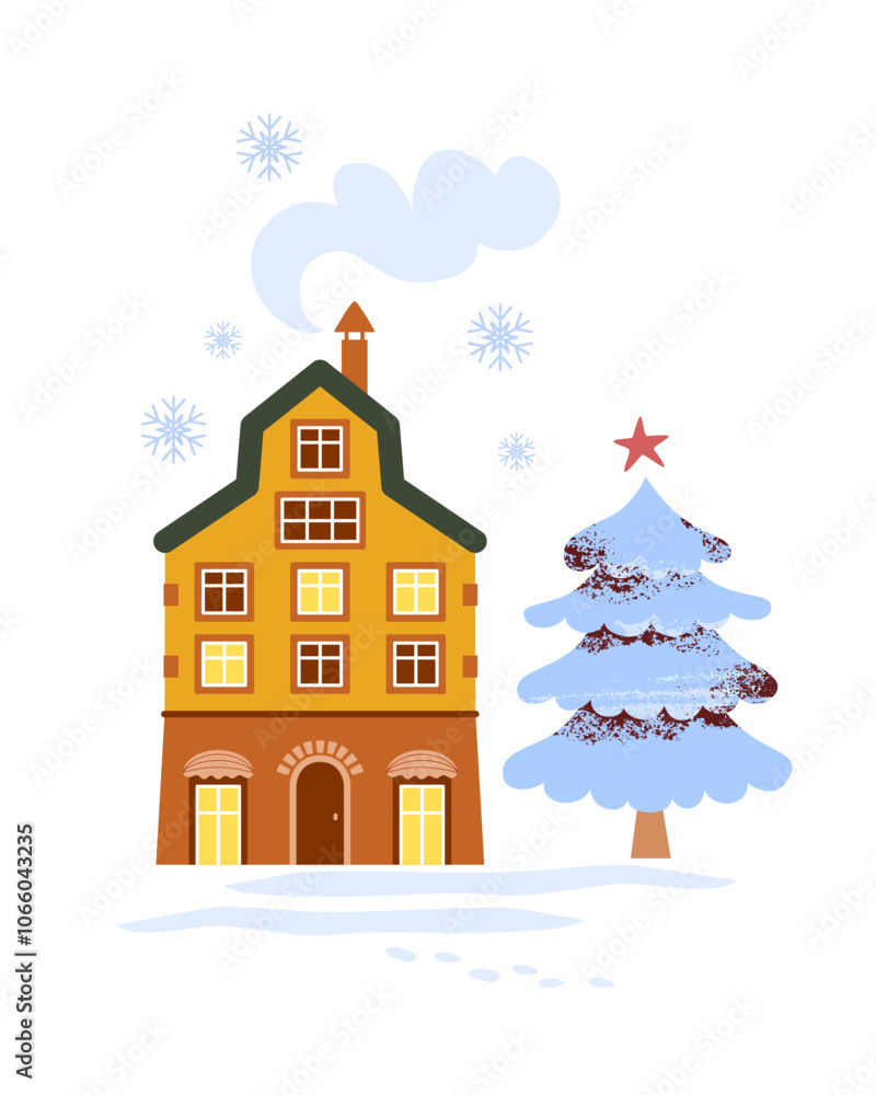 Fototapeta premium Three-story residential beige house in the old town with glowing windows, smoke from chimney, silver snow-covered Christmas tree with star in yard. Vector cute greeting illustration in flat style.