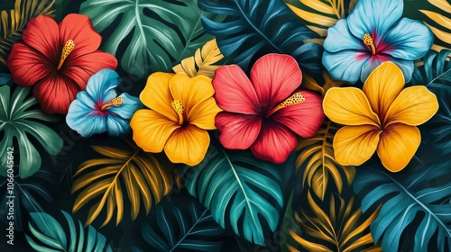 Wallpaper Mural Colorful Hibiscus Flowers and Lush Tropical Foliage Torontodigital.ca