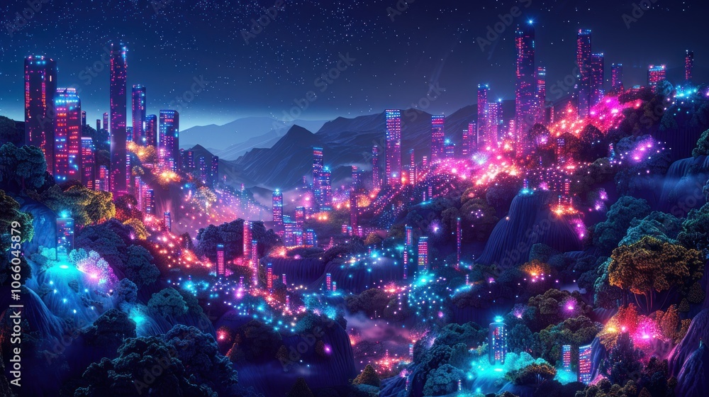 Fototapeta premium Futuristic Cityscape with Neon Lights